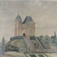 Tekening van kasteel Oud-Wulven getekend in 1855 door Louis Jan Anne Testas van Oud-Wulven naar een tekening uit 1749. Bron: Het Utrechts Archief 29-33 89.