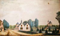 Kasteelterrein Oud-Wulven met bijgebouwen vanuit het noordwesten gezien omstreeks 1700-1750. Rechts het kasteel midden en links bijgebouwen. Afkomst onbekend.