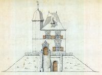 Een reconstructie van hoe kasteel Oud-Wulven er weer uit moest komen te zien na een voorgenomen restauratie in de jaren dertig van de twintigste eeuw (1). Bron: Beeldbank RCE te Amersfoort.