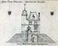 Een reconstructie van hoe kasteel Oud-Wulven er weer uit moest komen te zien na een voorgenomen restauratie in de jaren dertig van de twintigste eeuw (2). Bron: Beeldbank RCE te Amersfoort.