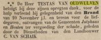 Krantenknipsel van 1 december 1869 waarin Pieter Hendrik Testas de gemeentenbesturen van Jutphaas en Houten bedankt voor het mee bestrijden van de brand op zijn landgoed. Bron: Delpher.nl.