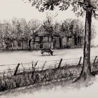 Gezicht, over een weiland met een koe, op de voorgevel van huis Folmina aan de Oud Wulfseweg 4 te Houten. Naar een tekening van Peter Koch uit 1980. Bron: Regionaal Archief Zuid-Utrecht (RAZU), 353, 54146, 125.