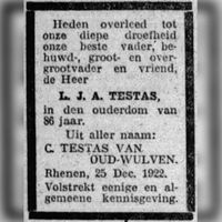 Overlijdensadvertentie van Louis Jaen Anne Testas in december 1922. Bron: RAZU, krantenbank.