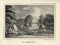 Gezicht op het huis Houdringe en het omringende landschapspark bij De Bilt, met links vooraan een boerderij in 1828-1829. Bron: Het Utrechts Archief, catalogusnummer: 201434.