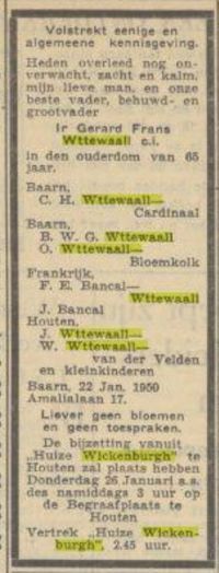Overlijdensadvertentie van Gerard Wttewaall, Heer van Wickenburgh. Bron: Delpher.nl Algemeen Handelsblad 24-01-1950.