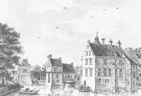 deze tekening door Jan de Beijer in 1749 geeft een beeld van de achtergevel van de langgereket woonvleugel. Op deze tekening wordt duidelijk dat de toren vrijstaand was geplkand. Op de achtergrond de voorburcht die aan de noordwest- en zuidwestzijde was gesloten. Aan de linkerzijde van het kasteel het waarschijnlijk 17de- eeuwse poortgebouw met zijn karakteristieke situering.