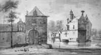 Wulven vanuit het noordoosten, getekend door Roelant Roghman in 1646/1647. Het torenvormig bouwwerk rechts was mogelijk een oude woontoren waarvan de functie verviel toen op de oorspronkelijke voorburcht het op de achtergrond gelegen woongebouw werd gebouwd. Links de bebouwing van het jongere voorplein met het poortgebouw dat in de sluitsteen van de poort het wapen Van Wulven draagt. Bron: RCE te Amersfoort.