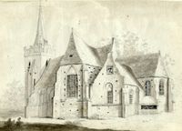 Gezicht op een Nederlands Hervormde kerk uit het zuidoosten tussen 1650 en 1750. Bron: Het Utrechts Archief, catalogusnummer: 200823.