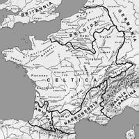 Verdeling van Gallië rond 54 v. Chr. Bron: Wikipedia Galliërs.