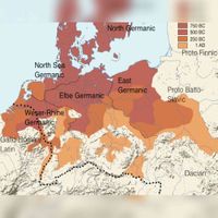 Verspreiding van de vijf Germaanse hoofdgroepen in de 1e eeuw na Chr. Bron: Wikipedia Germanen.