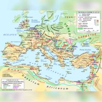 Kaart van het Romeinse Rijk in 125 onder Hadrianus, met het leefgebied van de Suebi in het noorden en het zuiden van het tegenwoordige Duitsland. Bron: Wikipedia Sueven.