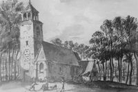 De in oorsprong veertiende-eeuwse Onze Lieve Vrouwe-kerk van 't Waal, gezien vanuit het zuidwesten. In de zuidgevel bevindt zich een steen met het jaartal 1567 die waarschijnlijk herinnert aan de herstelwerkzaamheden aan de kerk, noodzakelijk van de vernielingen tijdens de Beeldenstorm. Gewassen (krijt?) tekening door Jan de Beijer uit 1743. Bron: Koninklijk Huisarchief, nr. A/T-562.