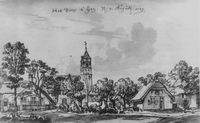 De Goyse kerk vanuit het noorden gezien. Gewassen (krijt) tekening door Jan de Beijer uit 1749. Bron: Koninklijk Huisarchief , nr. A/T-179.