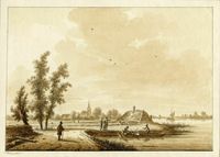 Gezicht op het landschap in de omgeving van Mijdrecht met rechts een groot water in 1780-1810 naar een tekening van N. Wicart. Bron: Het Utrechts Archief, catalogusnummer: 206222.