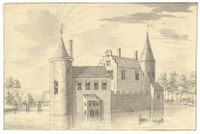 Gezicht op het omgrachte huis te Mijdrecht bij Mijdrecht in 1629 naar een tekening van L.P. Serrurier. Bron: Het Utrechts Archief, catalogusnummer: 201600.