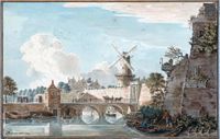 De Tolsteegpoort bij het Ledig Erf, daar waar de Kromme-Rijn bij Utrecht binnenkomt in 1739. Naar een tekening van Jan de Beijer. Bron: Centraal Museum.nl.