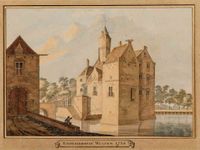 Gezicht, over de gracht, op de voor- en zijgevel van huis Wulven, met poortgebouw, te Houten in 1750-1800. Bron: Regionaal Archief Zuid-Utrecht (RAZU), 353, 54103, 125.