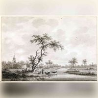 Gezicht op het dorp Houten met kerktoren en op de voorgrond links twee personen bij een boom en een bootje in het water in 1780. Naar een tekening van N. Wicart. Bron: Regionaal Archief Zuid-Utrecht (RAZU), 353, 54191, 125.