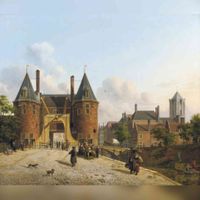 Gezicht op de Weerdpoort in Utrecht met in de verte de St. Jacobskerk naar een schilderij van Jan Hendrik Verheyen (1778-1846). Tot eind achttiende eeuw woonde familie Bosch vlakbij de Weerdpoort. Bron: Christies.com.