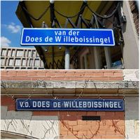 Boven het straatnaambord aan de kant van het Willemsplein. Onder het straatnaambord 'Van der Does de Willeboissingel' aan de kant van het Stationsweg te 's-Hertogenbosch in mei 2021. Foto: Sander van Scherpenzeel.