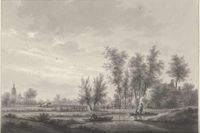 Gezicht (linksachter) op het dorp Houten met de kerktoren met op de voorgrond twee mannen bezig in een bootje op een wetering in het buitengebied van het dorp. Naar een tekening van Nicolaas Wickart in de periode 1758-1815. Bron: Rijksmuseum.nl.