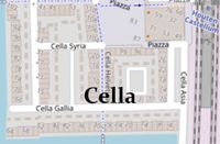 Plattegrond van de zuidwestelijk kwadrant van Houten Castellum met de straatnamen: Piazza, Cella Syria, Cella Gallia, Cella Asia en Cella Helvetica. Kaart: Openstreetmap.org (NL).