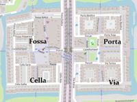 Kaart van Houten Castellum met de 4 kwadranten aan buurten 1. buurt Fossa (gracht) NW, 2. buurt Porta (poort) NO, 3. buurt Via (weg) ZO, 4. buurt Cella (ruimte/tempel) ZW. Kaart: Openstreetmap.org (NL).