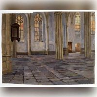 Interieur van de Buurkerk te Utrecht: doorkijk naar de noordwand met het noordelijke ingangsportaal gezien uit het zuidwesten in 1900-1920 naar een tekening van E. Hovy. Bron: Het Utrechts Archief, catalogusnummer: 28955.