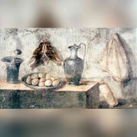 Stilleven in een culina met eieren, vogels en bronzen schalen, uit het huis van Julia Felix, Pompeii. Bron: Wikipedia.