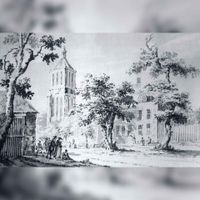 Gewassen pentekenibng van kerk en toren door P. van Loo uit 1783.