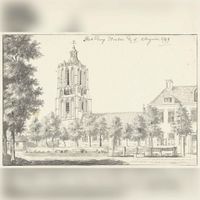 Gezicht op de het dorp Houten, met de brink en rechts herberg De Roskam in 1749 naar een tekening van Jan de Beyer. Bron: Beeldbank Rijksmuseum.