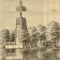 Gezicht op de toren van de Nederlands Hervormde kerk te Houten in 1729 naar een tekening van J. Nutges. Bron: Het Utrechts Archief, catalogusnummer: 202576 .