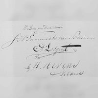 Handtekening van jhr. Willem Bosch van Drakestein (bovenaan) en onderaan die van de Utrechtse notaris Gerardus Hendricus Stevens. Bron: Het Utrechts Archief, 34-4,G.H. Stevens, U324c034, 12141.