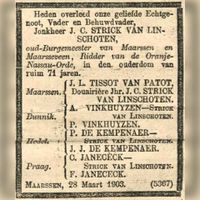 Overlijdensadvertentie van jhr. Jan Carel Strick van Linschoten (1831-1903). Jan Carel werd geboren op Rhijnauwen op 29 september 1831. Overleden op 71 jarige leeftijd. Bron: Delpher.nl.