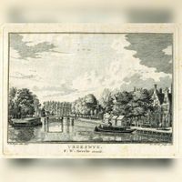 Gezicht vanaf de Vaartsche Rijn op het dorp Vreeswijk met op de achtergrond de sluis in 1740-1750. Bron: HUA, 200901.