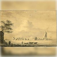 Gezicht op het landschap bij Bunnik met een boerderij en een houten standerdmolen in 1752 naar een tekening van D. Verrijk. Bron: Het Utrechts Archief, catalogusnummer: 200472.