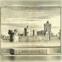 Gezicht op het kasteel Batestein te Vianen met de toren St. Pol in 1710-1711 naar een tekening van J. Schijnvoet. Bron: HUA, 200920.