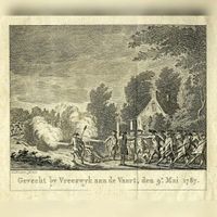 Afbeelding van het gevecht bij Vreeswijk op 9 mei 1787 naar een tekening van C. Brouwer. Bron: HUA, 200895.
