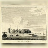 Gezicht op het dorp Vreeswijk vanaf de Lek in 1740-1770 naar een tekening van Hendrik Spilman. Bron: Het Utrechts Archief, catalogusnummer: 200892.