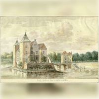 Gezicht op het kasteel Beverweerd bij Werkhoven met rechts een gedeelte van de voorburcht, uit het zuiden in 1725-1775. Bron: Het Utrechts Archief, catalogusnummer: 201105.
