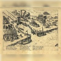 Afbeelding van de sluis bij Vreeswijk tijdens het gevecht op 23 juni 1585, nadat de huizen op de oostelijke oever van de Vaartsche Rijn in brand zijn gestoken op zondag 23 juni 1585. Bron: Het Utrechts Archief, catalogusnummer: 200904.