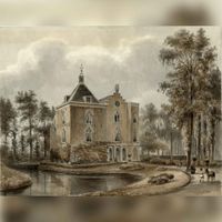 Gezicht vanuit de tuin op de achtergevel van het huis Hinderstein te Nederlangbroek in 1866 naar een tekening P.J. Lutgers. Bron: Het Utrechts Archief, catalogusnummer: 201453.