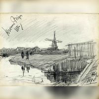 Gezicht op de Kromme Rijn te Utrecht met op de achtergrond de zaagmolen Kranenburg in 1891 naar een tekening van A.E. Grolman. Bron: Het Utrechts Archief, catalogusnummer: 39458.