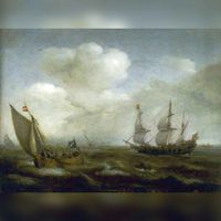 Een Nederlands schip en een kaag bij een flinke bries (schilderij van Hendrick Cornelisz Vroom uit 1630). Bron: Wikipedia.