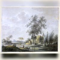Gezicht op het landschap in de omgeving van Odijk in 1790-1810 naar een tekening van N. Wicart. Bron: Het Utrechts Archief, catalogusnummer: 206351.