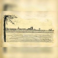 Gezicht op Wijk bij Duurstede, vanaf de weg naar Overlangbroek in juli 1892 naar een tekening van Th. Scharten. Bron: Het Utrechts Archief, catalogusnummer: 222072.