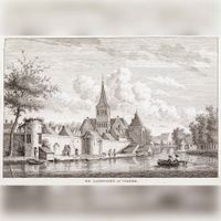 Gezicht over de gracht met een bootje met twee roeiers op de stadsmuur en de landpoort te Vianen in ca. 1760 naar een tekening van Wicart of Bulthuis. Bron: Regionaal Archief Zuid-Utrecht (RAZU), 018.
