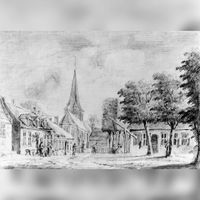 Gezicht op het Dorpsplein te Doorn met op de achtergrond de Nederlands Hervormde kerk in 1730-1760. Bron: Het Utrechts Archief, catalogusnummer: 107659.