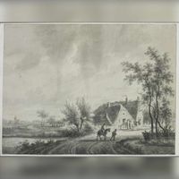 Gezicht op een landschap in de omgeving van Werkhoven met een boerderij op de voorgrond in 17901-1810 naar een tekening van N. Wicart. Bron: Het Utrechts Archief, catalogusnummer:	 206264.
