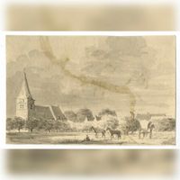 Gezicht op het dorp Werkhoven met de Nederlands Hervormde kerk in 1729 naar een tekening van J. Nutges. Bron: Het Utrechts Archief, catalogusnummer: 202575.